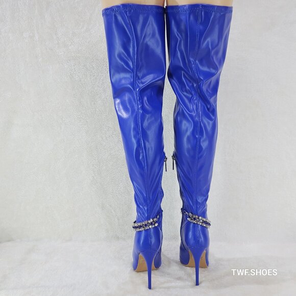 Lawless Bold Blue Stretch Leatherette Rhinestone Ankle Bracelet Thigh High Boots - Picture 13 of 17
